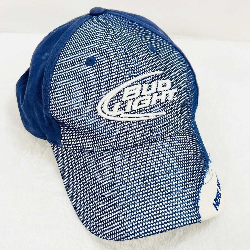 Bud Light Mesh Distressed Hat Cap Adjustable Strapback Blue Outdoors‎ Casual